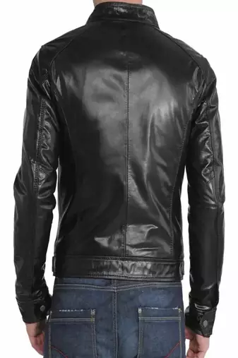Men's black genuine lambskin leather jacket asymmetrica zipper & waist belt style