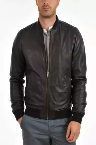 Men's brown genuine lambskin leatherjacket - straight zipper & ribbed cuff  style