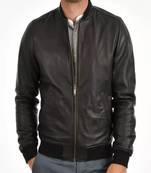 Men's brown genuine lambskin leatherjacket - straight zipper & ribbed cuff  style