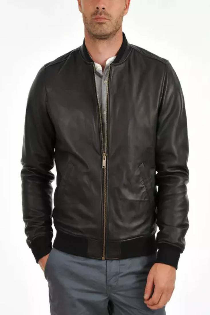 Men's brown genuine lambskin leatherjacket - straight zipper & ribbed cuff  style