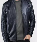 Men's black  genuine lambskin leather jacket - straight zipper & café racer biker style