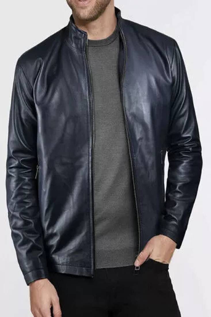 Men's black  genuine lambskin leather jacket - straight zipper & café racer biker style