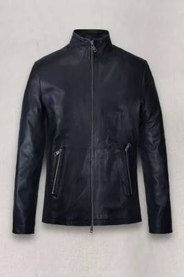 Men's black  genuine lambskin leather jacket - straight zipper & café racer biker style 2