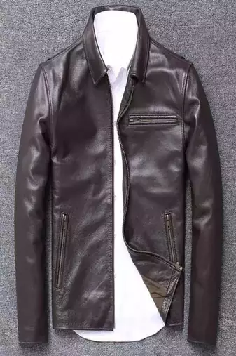 Men's brown genuin lambskin leather jacket 3-zipper pocket biker style