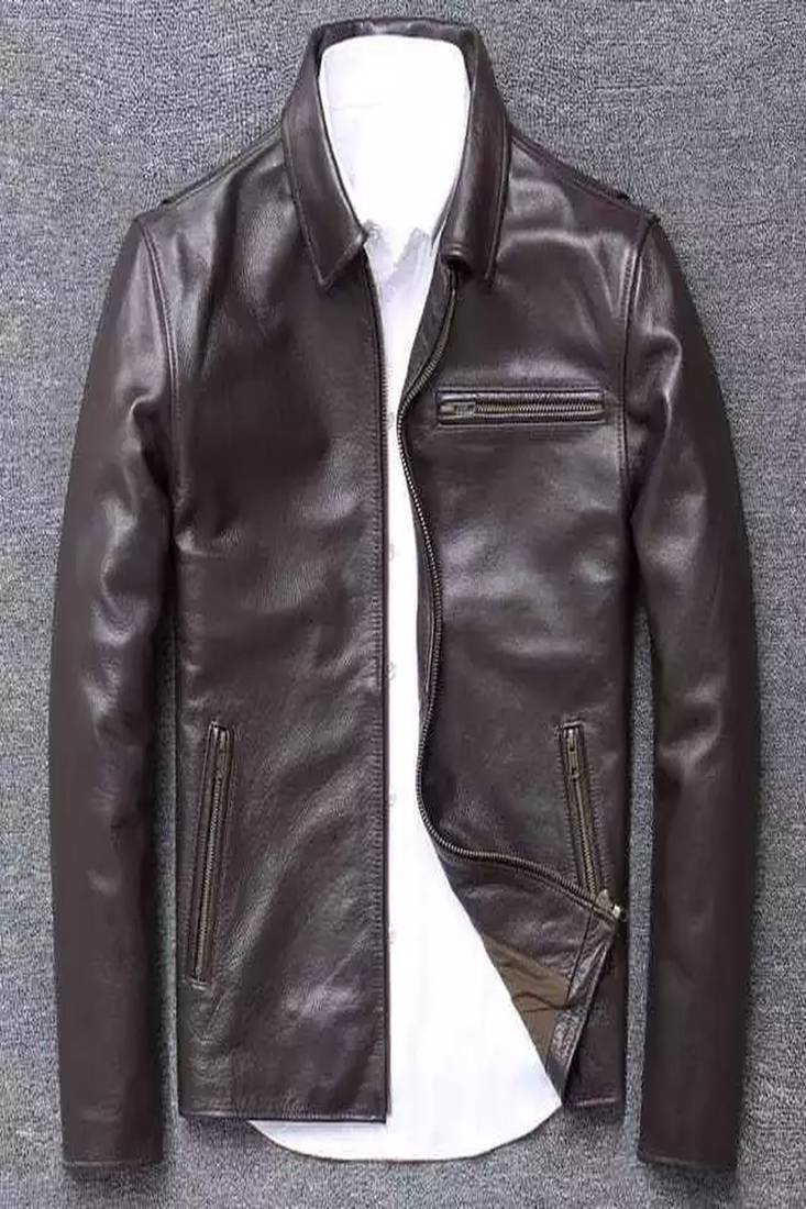 Men's brown genuin lambskin leather jacket 3-zipper pocket biker style