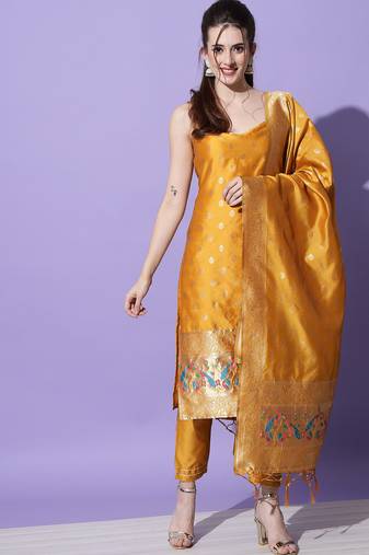mustard fancy cotton silk kurta set