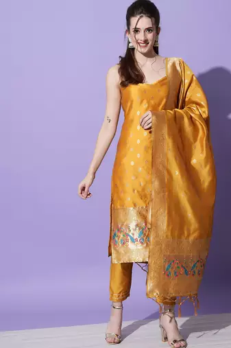 mustard fancy cotton silk kurta set