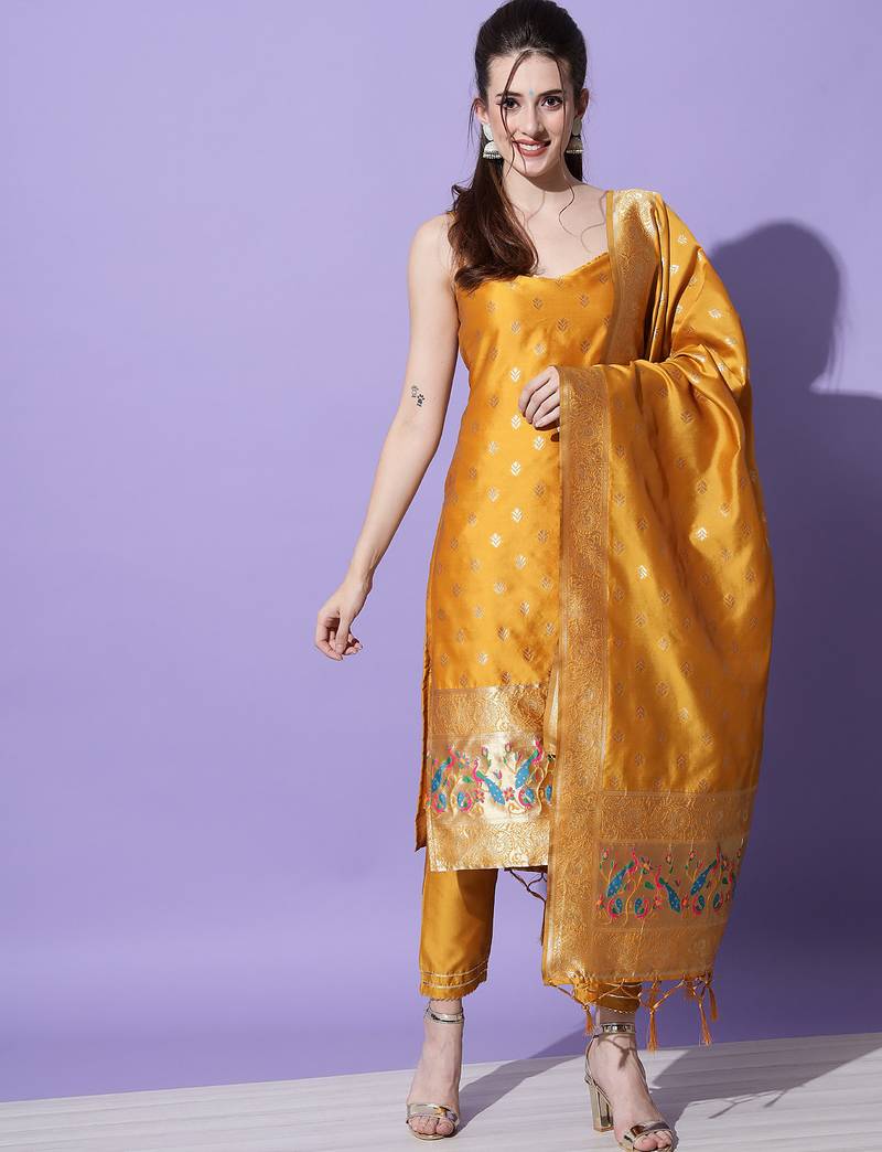 mustard fancy cotton silk kurta set