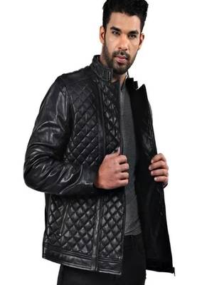 Men's black genuin lambskin leather quilted jacket & café racer collar biker style 2