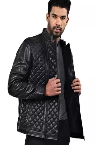 Men's black genuin lambskin leather quilted jacket & café racer collar biker style