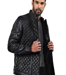 Men's black genuin lambskin leather quilted jacket & café racer collar biker style