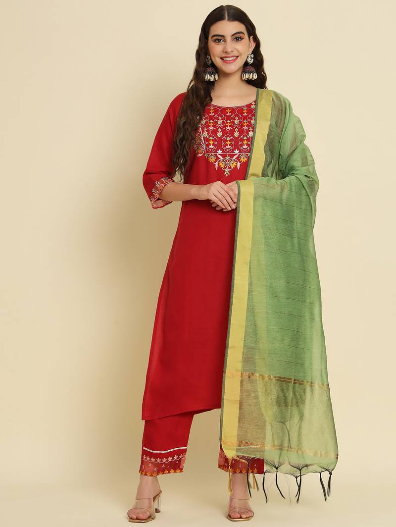 maroon fancy silk blend kurta set