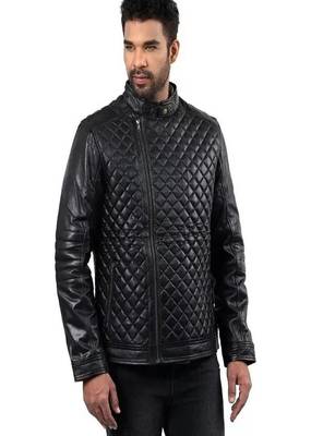 Men's black genuin lambskin leather quilted jacket & café racer collar biker style 3