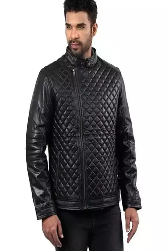 Men's black genuin lambskin leather quilted jacket & café racer collar biker style