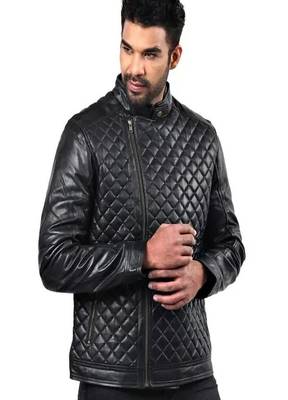 Men's black genuin lambskin leather quilted jacket & café racer collar biker style 1
