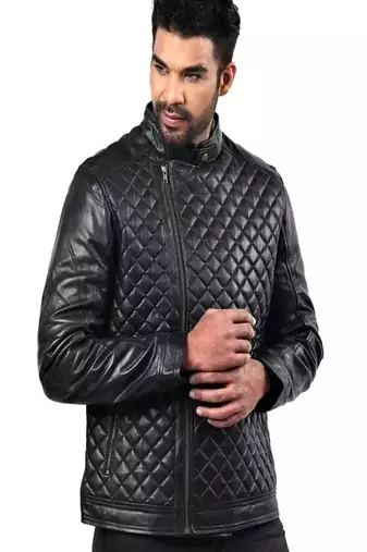 Men's black genuin lambskin leather quilted jacket & café racer collar biker style