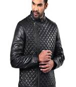 Men's black genuin lambskin leather quilted jacket & café racer collar biker style