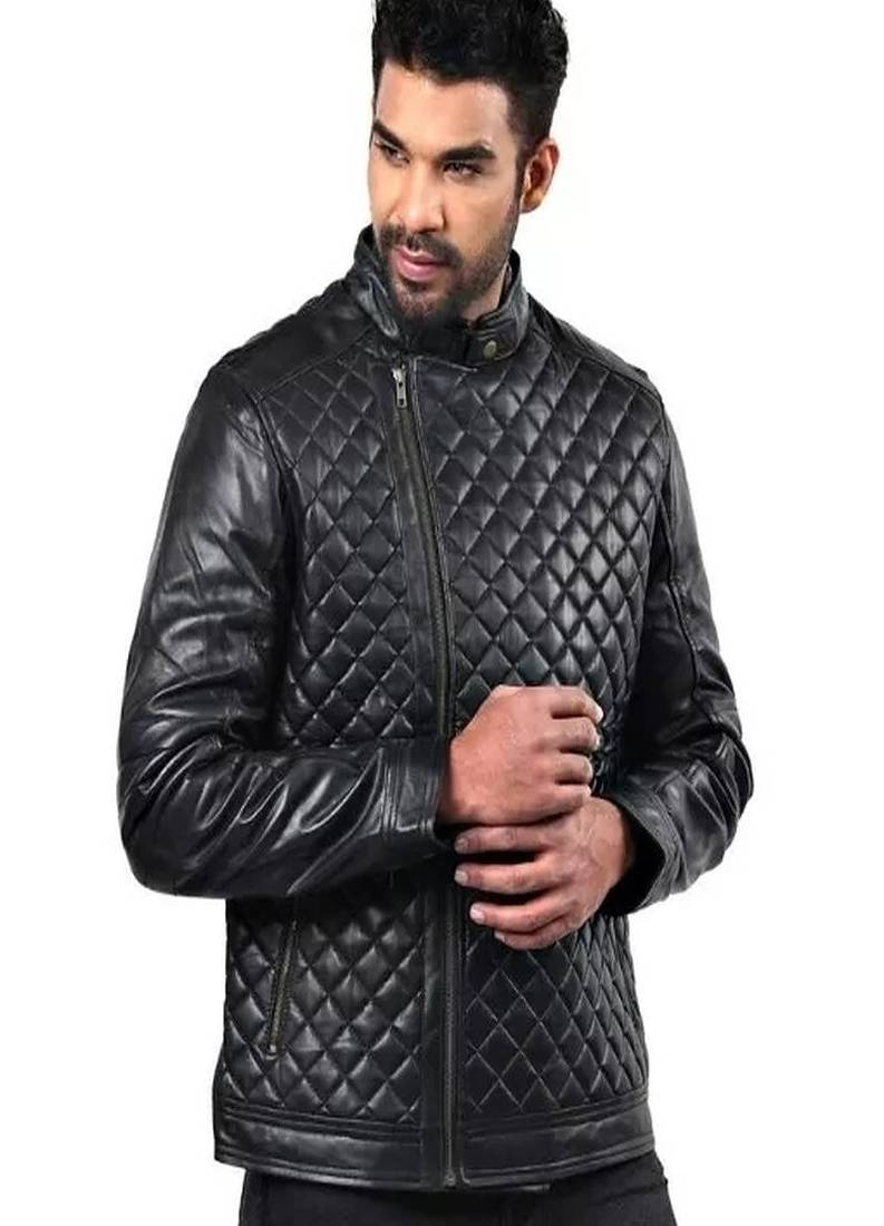 Men's black genuin lambskin leather quilted jacket & café racer collar biker style