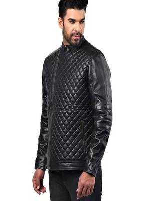 Men's black genuin lambskin leather quilted jacket & café racer collar biker style 4
