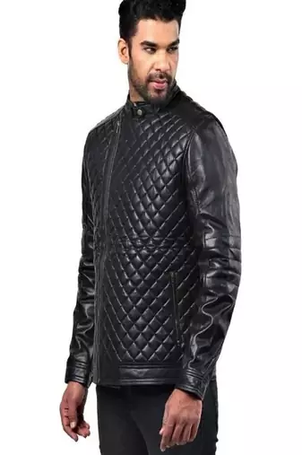 Men's black genuin lambskin leather quilted jacket & café racer collar biker style