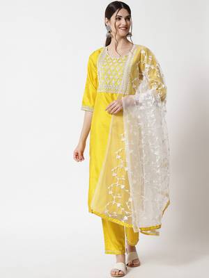 yellow fancy silk blend kurta set 1