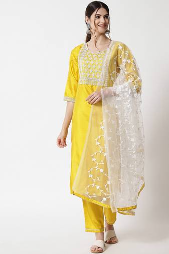 yellow fancy silk blend kurta set