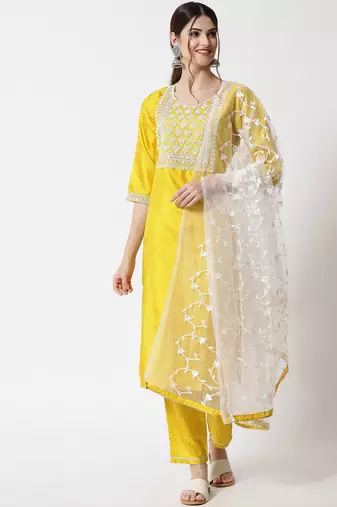yellow fancy silk blend kurta set