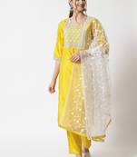 yellow fancy silk blend kurta set