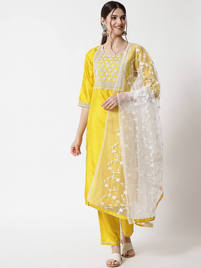 yellow fancy silk blend kurta set