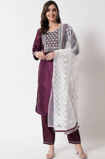 wine fancy silk blend kurta set
