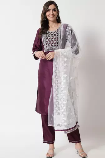 wine fancy silk blend kurta set
