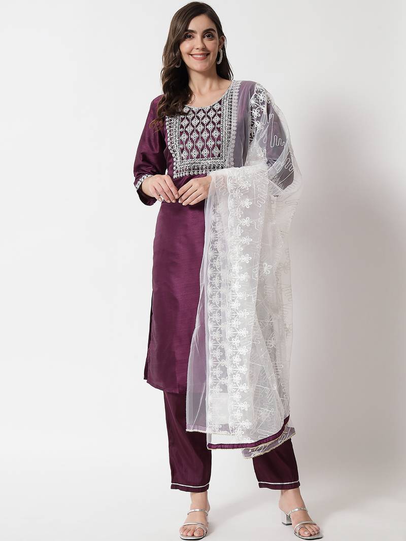 wine fancy silk blend kurta set