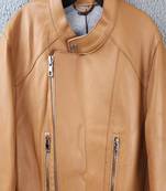 Men's brown lambskin leather jacket- café racer & zipper detail