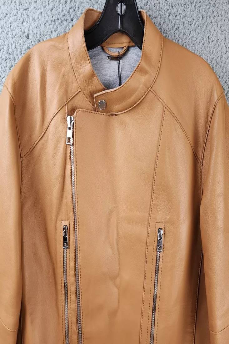 Men's brown lambskin leather jacket- café racer & zipper detail