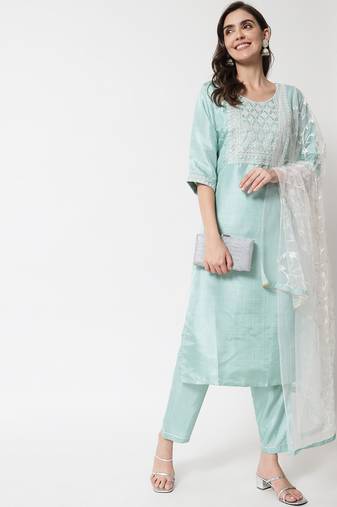 sky-blue fancy silk blend kurta set