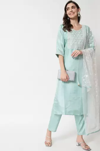 sky-blue fancy silk blend kurta set