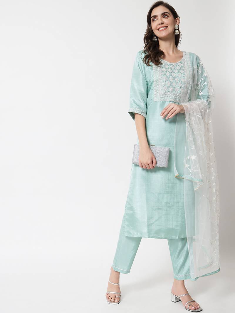 sky-blue fancy silk blend kurta set