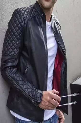 Men's black lambskin leather jacket- café racer & multiple zipper detail