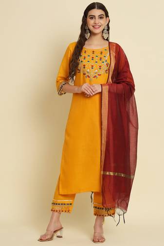 yellow fancy silk blend kurta set