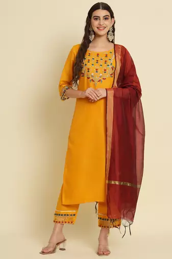yellow fancy silk blend kurta set
