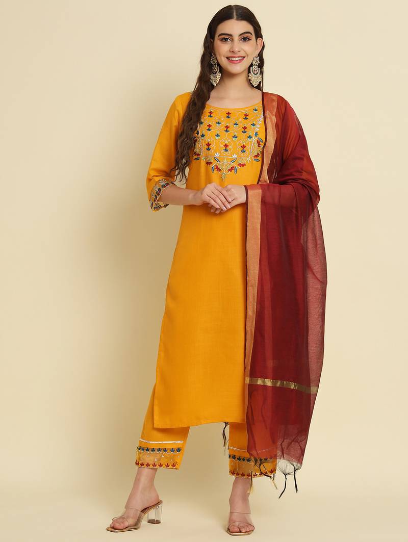 yellow fancy silk blend kurta set