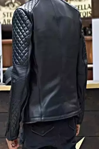 Men's black lambskin leather jacket- café racer & multiple zipper detail