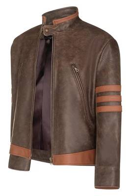 Men's brown & orange lambskin leather jacket-café racer collar biker style 1