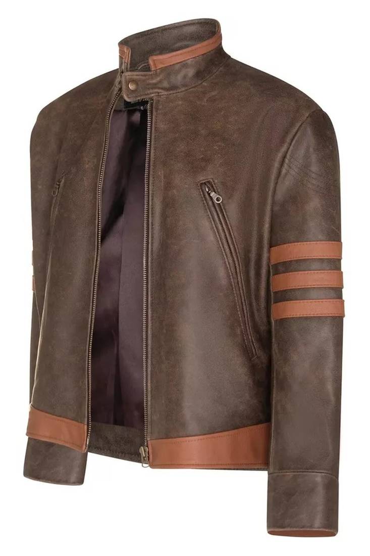 Men's brown & orange lambskin leather jacket-café racer collar biker style