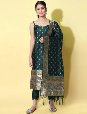 green fancy cotton silk kurta set 1