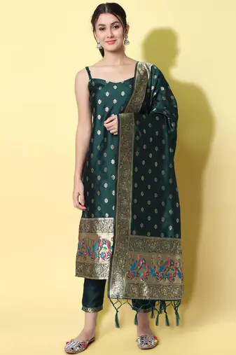 green fancy cotton silk kurta set