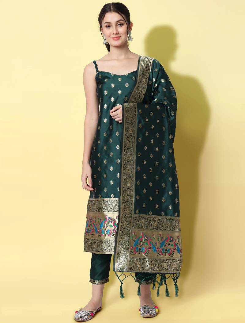 green fancy cotton silk kurta set
