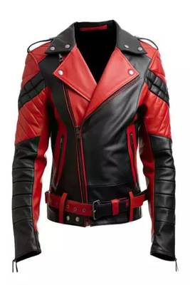 Men's black & red lambskin leather jacket-multiple zipper & waist belt lapel shoulder style 1