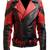 Men's black & red lambskin leather jacket-multiple zipper & waist belt lapel shoulder style