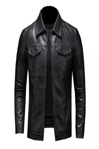 Men's black lambskin leather jacket- straight zipper & 2 pocket biker style